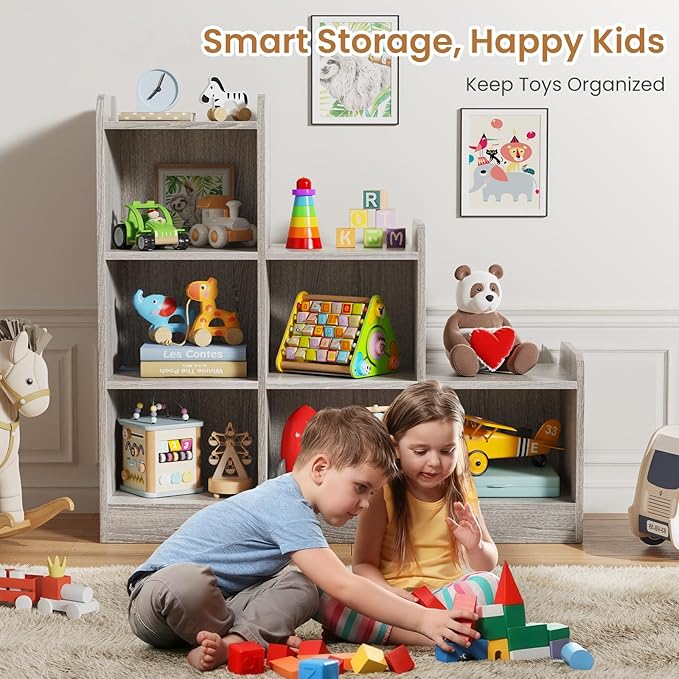 Montessori Shelf 6-Section Wooden Storage Cabinet, Kids Toy Storage Organizer Book Shelf for Kids Rooms, Classroom, Playroom, Nursery, Preschool Book Shelves