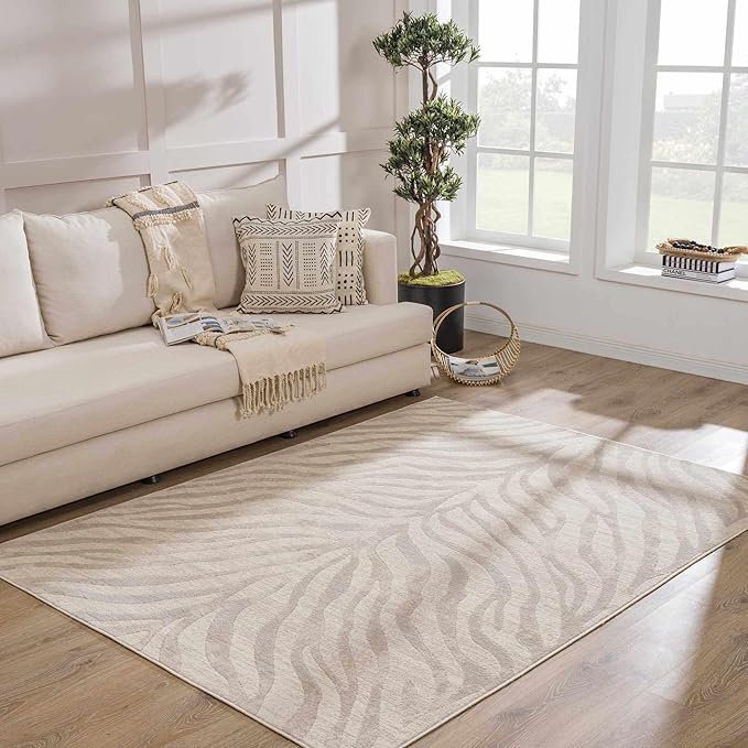 Hauteloom Manteca Animal Zebra Print Area Rug for Living Room Bedroom Dining Room - Distressed Faded Style - Cream, White, Beige, Gray - 6'7" x 9' (6x9)