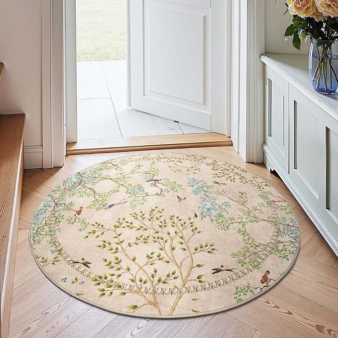 jinchan Yarden Round Rugs 4ft Beige Botanical Birds Print Machine Washable 4' Circle Nature Plants Modern Soft Non Slip Throw Area Rugs Ultra Thin Low Pile Carpet for Entryway Bedroom Kitchen Room