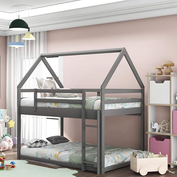 MERITLINE House Shaped Bunk Bed Twin Over Twin Size Wood Bunk Bed Frame Low Bunk Beds for Kids and Toddlers, Twin Size,Grey