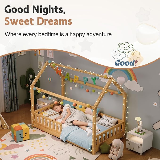 Jocisland Twin Size House Bed for Kids, Montessori Wooden Floor Bed Frame with Guardrails, Removable Rails, Playhouse Roof, Easy Assembly, Toddler Floor Bed for Boys & Girls, Natural Wood