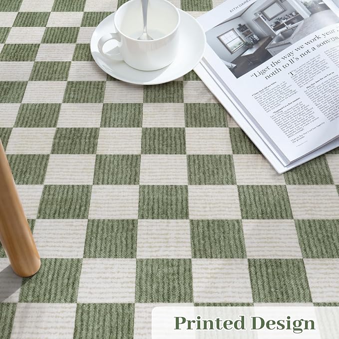LIVEBOX Washable Runner Rug Checkered, 2x6 Green Runner Rugs for Hallway, Non-Slip Kitchen Runners, Farmhouse Neutral Classic Geometric for Hallways, Entryway, Bedroom, Bathroom(Green 2'x6')