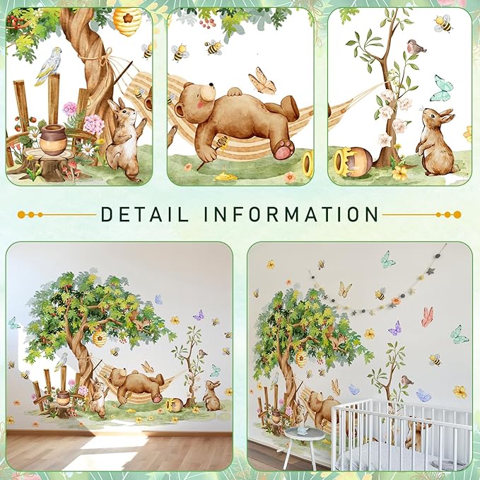 Amaonm Large Whimsical Tree Wall Decal with Woodland Animals, Birds, and Butterflies, Watercolor Green Tree Wall Sticker Decor for Girls Kids Bedroom Living Room Nursery Decoration (C)