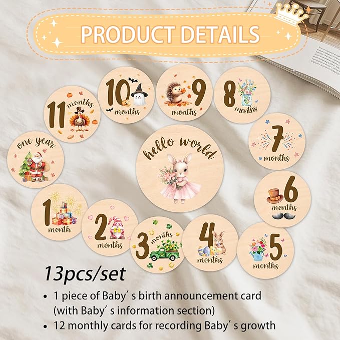 Baby Monthly Milestone Cards Rabbit - 13 Double Sided My First Holiday Milestone, Bunny Babies Shower Signs, Hello World Newborn Sign 1-12 Months for Photo Props, Welcome Baby Announcement Sign