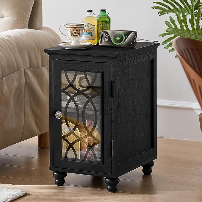 Narrow Side Table with Charging Station, Night Stand with Glass Door, Bedside End Tables with Adjustable Shelf Storage Cabinet,Wood Nightstand for Small Spaces Living Room Bedroom