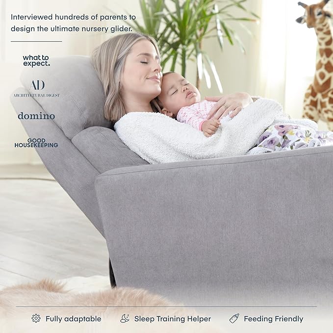 Nurture& The Glider Premium Power Recliner Nursery Glider Chair with Adjustable Head Support | Designed with a Thoughtful Combination of Function and Comfort | Built-in USB Charger (Gray)