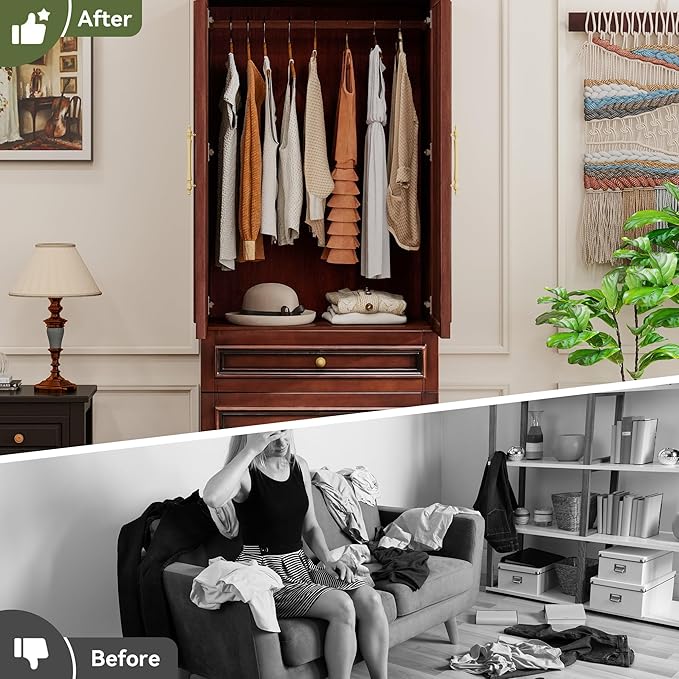 Solid Wood Armoire:Wardrobe Cabinet with Drawers and Hanging Rod,Storage Closet Clothes Organizer for Bedroom Cherry Finish