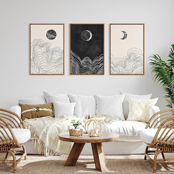 HLNIUC Black and White Abstract Wall Art Set of 3, Large Boho Framed Canvas Decor(16x24), Modern Celestial Sun Moon Painting, Geometric Line Mountain Art Print for Living Room, Bedroom, Office