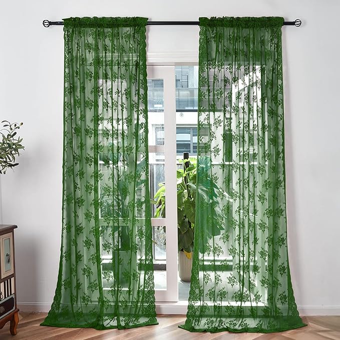 Kotile 63 Inch Emerald Green Sheer Curtains 2 Panels Set Country Rustic Floral Vintage Hunter Green Lace Curtains for Bedroom, Rod Pocket Privacy Dark Green Sheer Lace Curtains, Each 42 x 63 Inch
