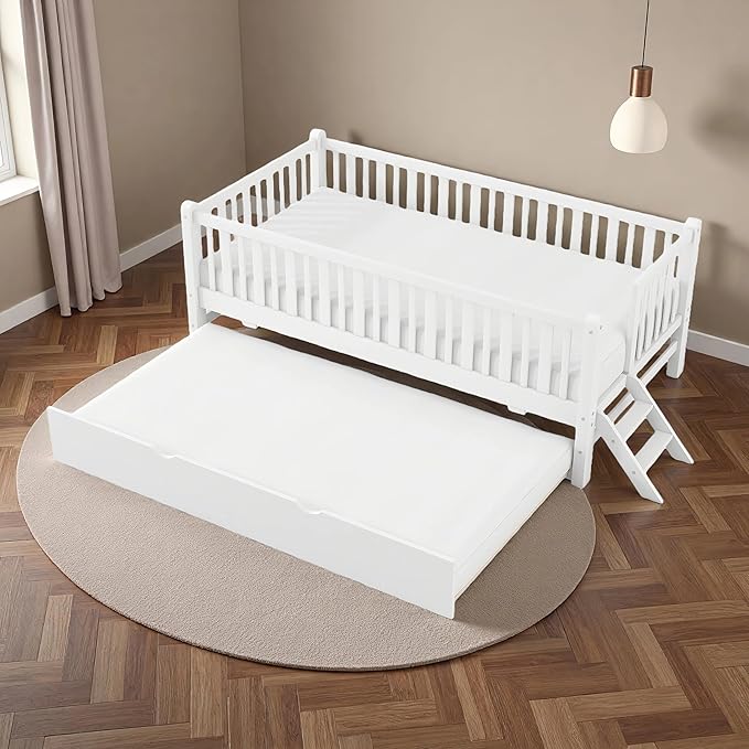 LUMISOL Twin Size Low Platform Bed Frame with Trundle, Wood Floor Bed with Ladder & Fence Guardrail for Kids Teens Girls Boys, No Box Spring Needed, White