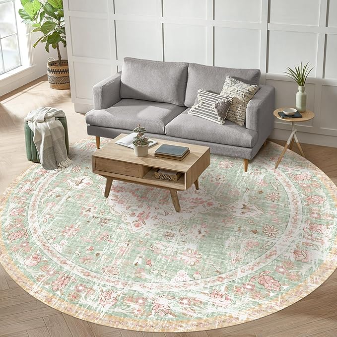 Vhong Boho Area Rugs Vintage Washable Modern Neutral Carpet Green and Pink 8×8 High Traffic Round Rugs for Dinning Room Living Room Bedroom Farmhouse Non Slip