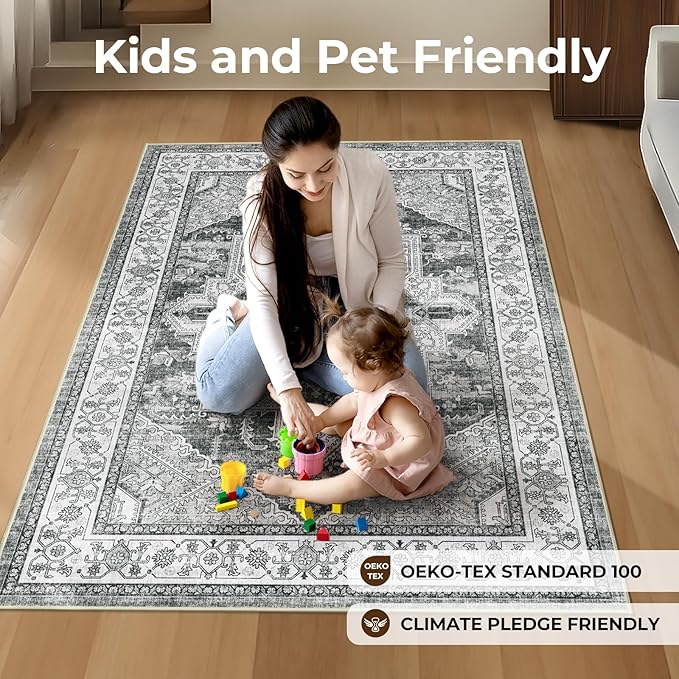 WITSHOCK Living Room Area Rugs 4x6: Washable Rug Boho Soft Non-Slip Low Pile Stain Resistant Foldable Carpet for Bedroom Playroom Dining Room Office Kitchen Farmhouse Home Decor Rug-Gray