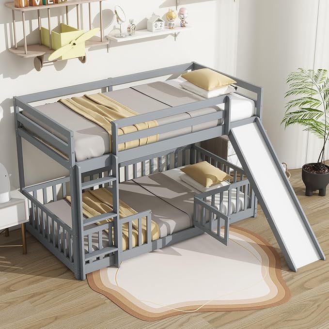 Twin Over Twin Bunk Bed with Slide and Ladder, Wood Floor Bunk Bed Frame with Door and Safety Guardrails for Kids Teens Boys Girls, No Box Spring Needed