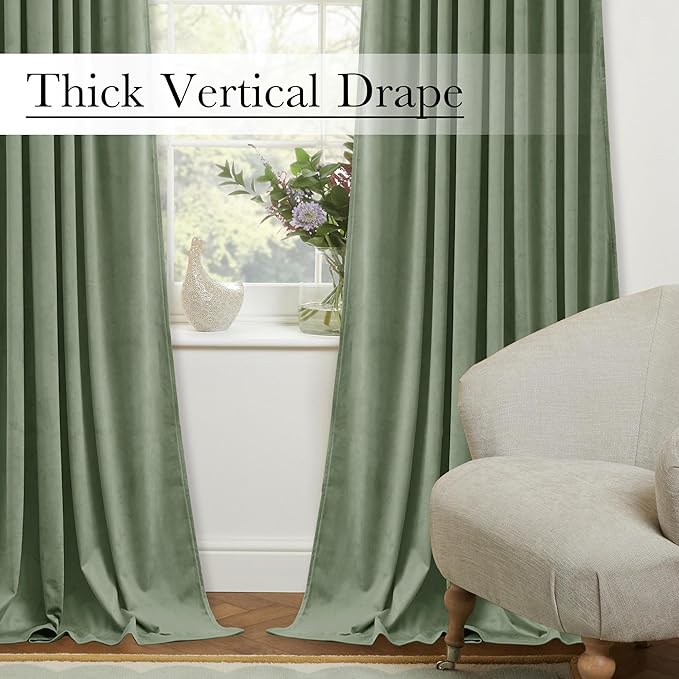 StangH Retro Green Velvet Curtains 96 Inches Length, Room Darkening Velvet Drapes for Bedroom Living Room, Thermal Insulated Window Treatment, 52 x 96 Inch, 2 Panels
