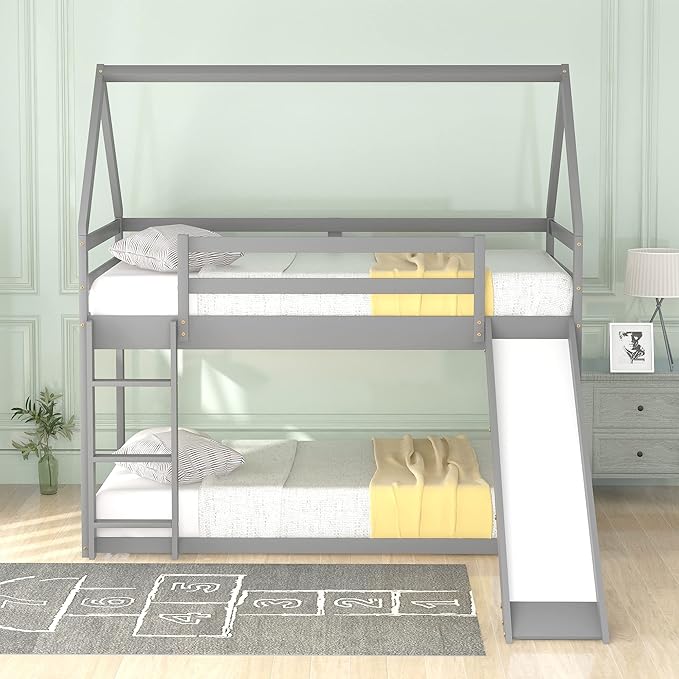 Twin Size Bunk House Bed with Slide and Ladder,can Switch Positions Left & Right,Bedroom Wood Loft Bed Frame W/No Box Spring Required,Easy to Assemble,for Kids Teens Girls Boys,Gray
