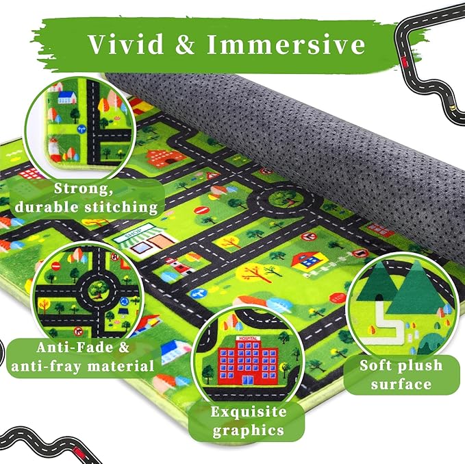 Kids Carpet Playmat 8x10 Car Play Rug Large Kids Play Rug City Traffic Road Mat Low Pile Non Slip Fun Carpet for Kids Children Nursery Playroom Classroom Educational City Life Carpet Black