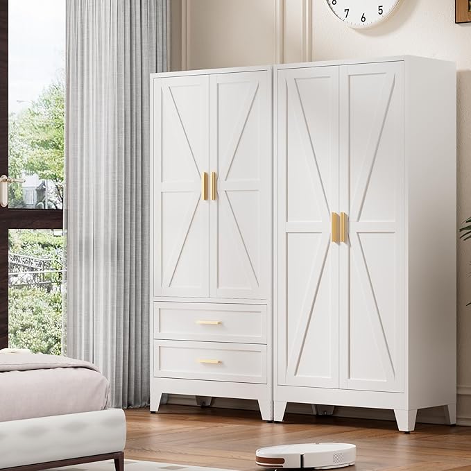 71'' Farmhouse Metal Wardrobe Cabinet with Hanging Rod, 2 Barn Door Wardrobe Closet with 5 Adjustable Shelves,Drawer,for Dining Room,Bedroom,Living Room, Cloak Room,Office (White)