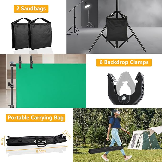 Green Screen Backdrop with Stand, 5x6.5ft Adjustable Photo Backdrop Stand with Flat Base, 4 Clamps and Backdrop for Meeting, Photography, Parties (5x8.5ft)