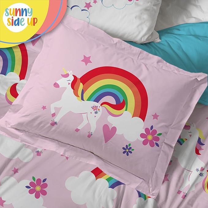Sunny Side Up Rainbow Unicorns Full Comforter Set - 7 Piece Kids Bedding Includes Comforter, Sheets & Pillow Cover - Super Soft Pink Floral Microfiber Bed Set