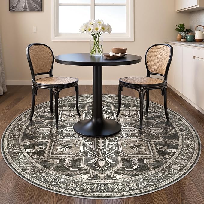WITSHOCK 6Ft Round Black Washable Area Rug: Vintage Boho Non-Slip Low Pile Large Circle Carpet for Living Room Bedroom Kitchen Nursery Home Office, Foldable Soft Pet-Friendly Farmhouse Floral Décor