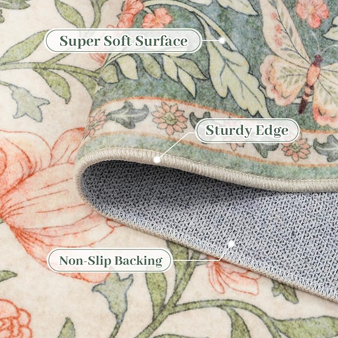 Collive 5x7 Butterfly Area Rug, Vintage Floral Rug for Girls Bedroom Washable Non Slip, Soft Boho Insect Carpet for Living Room Nursery Kids Room Playroom, Grass Green