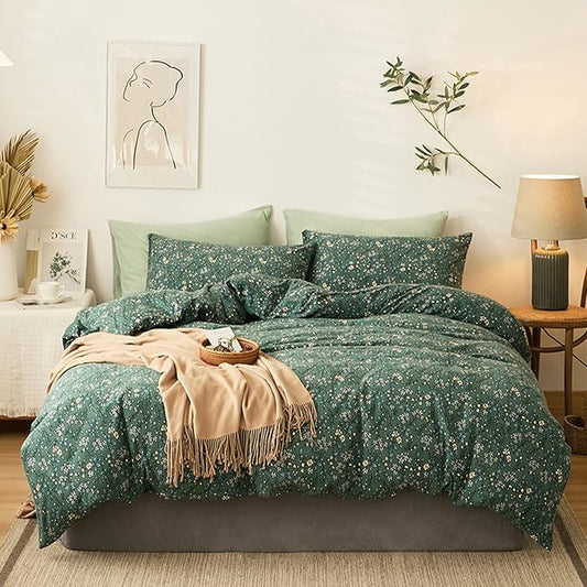 HighBuy Full Size 100% Cotton Jersey Knit Duvet Cover Set - Green Floral - 3 Piece - Duvet Cover (80"x90") & 2 Pillowcases (20"x26") - Cottagecore Style - Unisex - Breathable & Fade Resistant