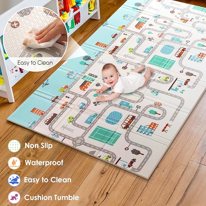 Mergren Foldable Baby Playmat 79"x51"x0.4", Reversible, Double-Sided Crawling Foam Mat for Infants and Toddlers - BPA-Free, Non-Toxic, Anti-Slip,Portable Folding - Indoor and Outdoor Use