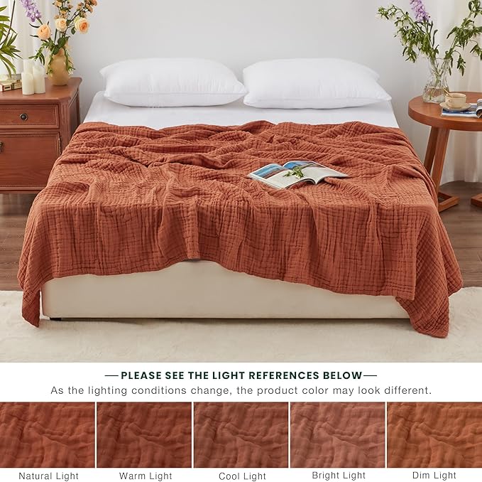 Love's cabin 6 Layer 100% Cotton Muslin Blanket, 90"x90" Muslin Blanket Queen for Couch Bed, Lightweight and Breathable Cotton Gauze for Adult, Orange