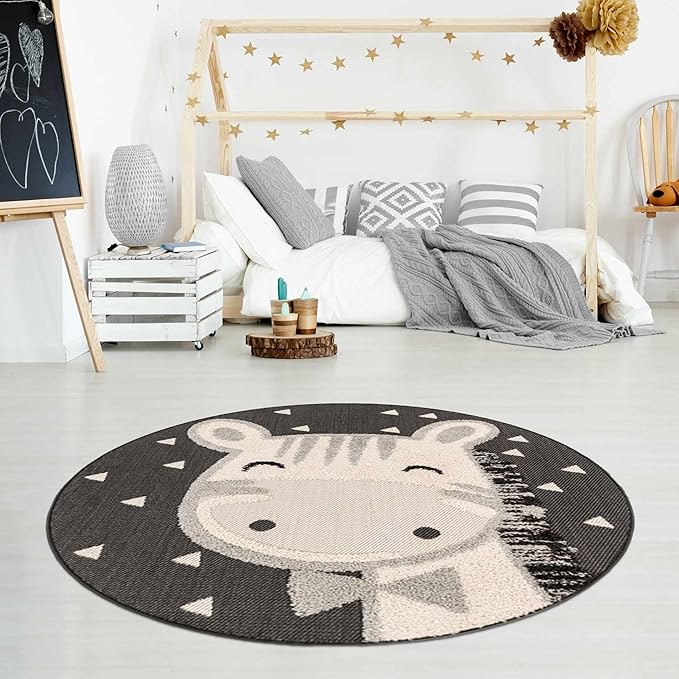 Hauteloom Kids Room, Nursery Round Area Rug - Outdoor Patio Safe - Animal Baby Bowtie Giraffe Playroom Carpet - Beige, Gray, Black, Cream - 3'11"