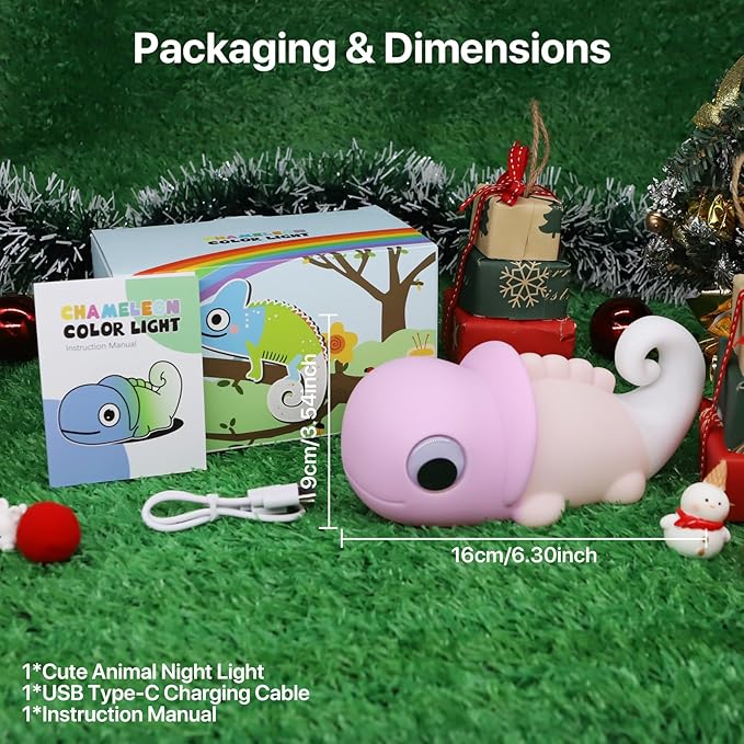 Cute Chameleon Night Light for Kids Rechargeable, Battery Operated Nightlight 3 Level Dimmable with RGB&Timer, Silicone Touch Nursery Lamp for Baby Girls Boys Bedroom Gifts