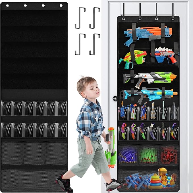 Over the Door Organizer for Toy Guns, Hanging Toys Storage with Clear Pockets and Slots for Kid Toy Guns, Claw Knife and Darts, Over the Door Storage for Kids Room and Game Room, Black