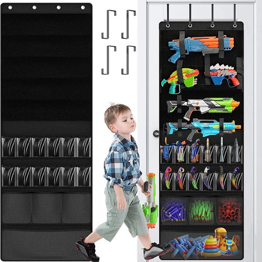 Over the Door Organizer for Toy Guns, Hanging Toys Storage with Clear Pockets and Slots for Kid Toy Guns, Claw Knife and Darts, Over the Door Storage for Kids Room and Game Room, Black