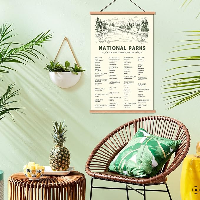 KAIRNE US National Park Checklist Poster,Park Posters for Travel Sign With Wooden Hanging Framed(40CMx75CM),Inspirational Rustic Decor,National Park Map Posters Gift for Hiker or National Park Lover