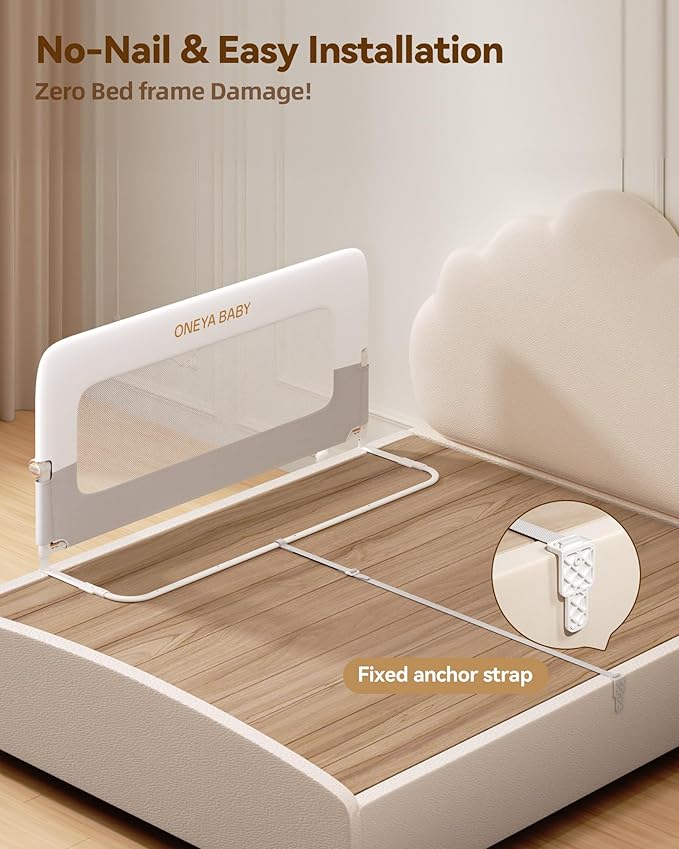Baby Bed Rail Guard, 59in Thickened Toddler Bed Rail for Toddlers, Extral Tall Swing Down Kids Child Safety Side Railing Guards/Rails for Twin, Full, Queen, King Bunk Size Bed, White/Grey, 27”H