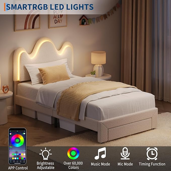 IDEALHOUSE Twin Bed Frame with LED Headboard and Under-Bed Drawer, Metal Upholstered Platform Bed with LED Light for Kids, Girls, Lamb Fleece Fabric, Wooden Slats Support, No Box Spring Needed, White