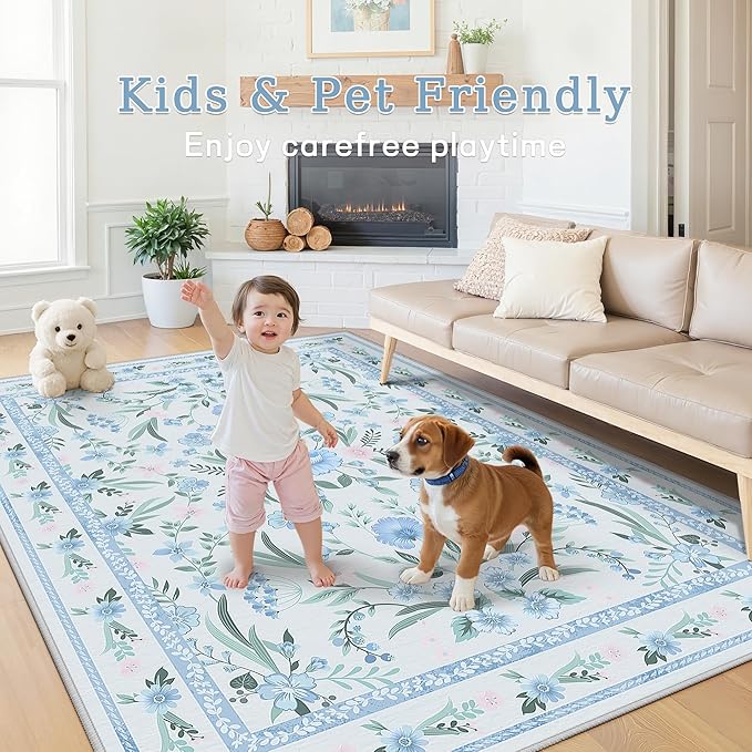 Blue Floral Rug 5x7 for Girls Bedroom, Washable Non-Slip Boho Area Rug, Soft Ultra-Thin Carpet for Nursery, Kids Room, Dorm, Living Room or Playroom