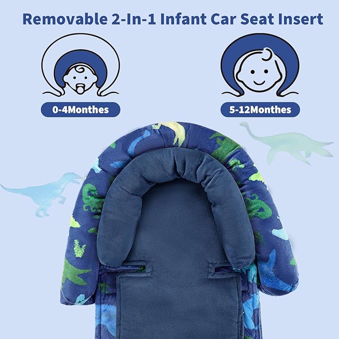 Baby Car Seat Head Support with Extra Headrest, 2-in-1 Babybody Supports with Shoulder Pads Set for Newborn, Adjustable Infant Car Seat Insert Compatible with Stroller, Baby Swing (Blue Dinosaur)