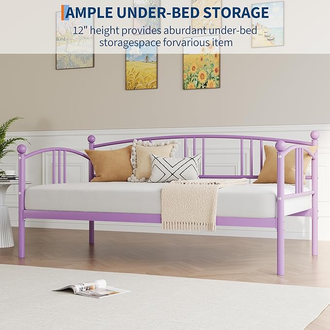GarveeHome Twin Daybed, Sturdy Metal Day Bed with Steel Slat Support, Arched Headboard Sofa Bed for Living Room, Bedroom and Guest Room, Purple