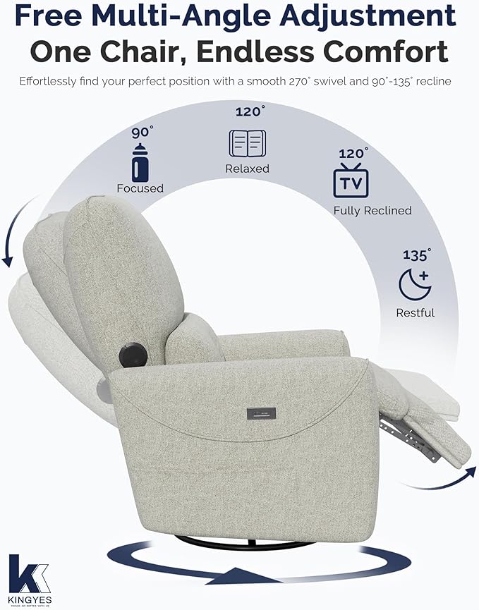 KINGYES Nursery Rocking Chair, Glider Rocking Chair for Nursery, 270° Swivel Glider, Bluetooth Speaker & USB-C Port, Fabric Nursery Recliner Sofa, Gray