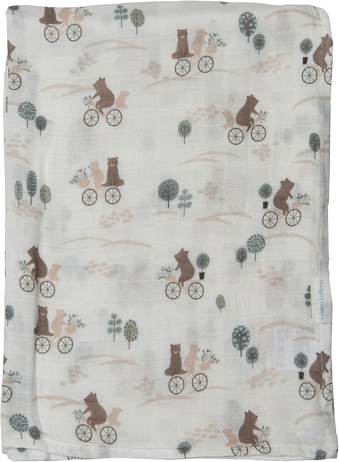 Loulou Lollipop Muslin Swaddle Blanket, Bears on Bike - 70% Rayon from Bamboo, 30% Cotton, Size 18-24M, Unisex, Lightweight, Summer, Swaddle, Sleep & Swaddle