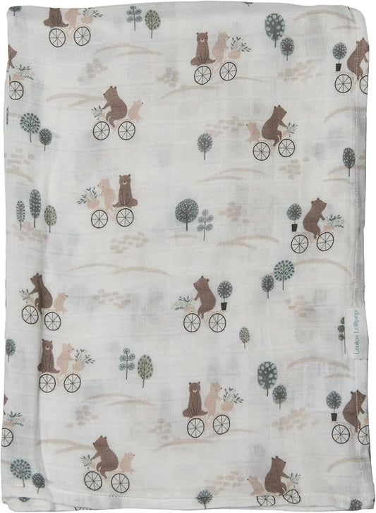 Loulou Lollipop Muslin Swaddle Blanket, Bears on Bike - 70% Rayon from Bamboo, 30% Cotton, Size 18-24M, Unisex, Lightweight, Summer, Swaddle, Sleep & Swaddle