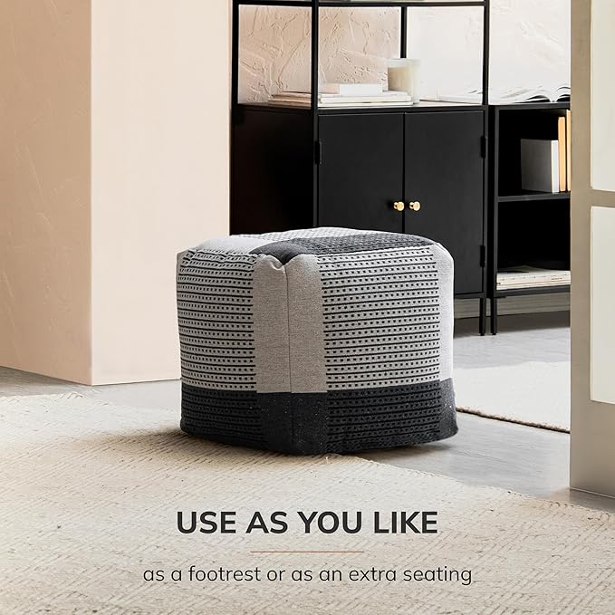 Anji Mountain 100% Handmade & Handcrafted Comfortable Home Décor Pouf Ottoman Footrest for Living Room, Bedroom, Nursery, Kidsroom, Patio Furniture - (20" x 20" x 20"- Black,Ivory)