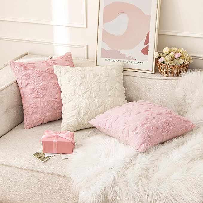 MIULEE Light Pink Bow Pillow Covers Coquette Room Decor Aesthetic Set of 2 Decorative Cute Girl Christmas Throw Pillow Soft Plush Faux Pillowcase for Girl Bed Couch Sofa,16x16 Inch