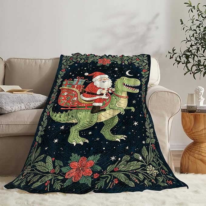Dinosaur Blanket Christmas Santa Claus Dinosaur Throw Blanket Soft Cozy Fleece Fuzzy Plush Warm Stuff Bedding Nursery Toddler Baby Blankets Gifts for Boys Girls Kids Adult Men Women 40"X50"