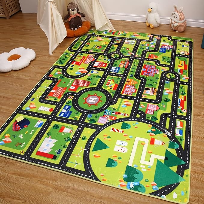 Kids Carpet Playmat 8x10 Car Play Rug Large Kids Play Rug City Traffic Road Mat Low Pile Non Slip Fun Carpet for Kids Children Nursery Playroom Classroom Educational City Life Carpet Black