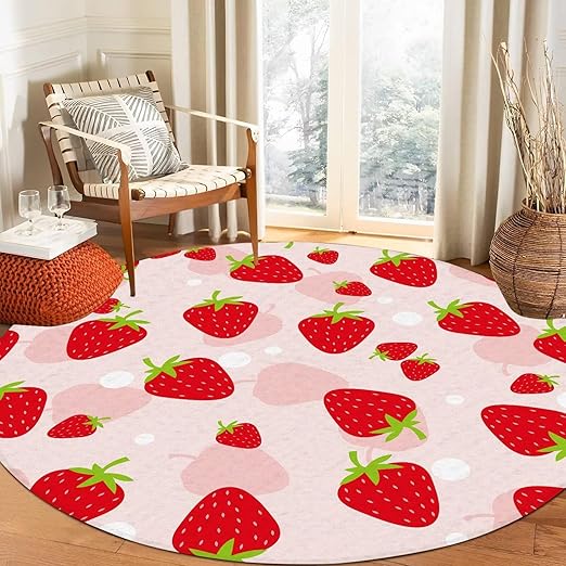 6Ft Strawberry Round Rug Kwaii Pink Circle Rugs for Bedroom Dorm Living Room Cute Area Rug Floor Mat Pad Doormat Carpet, 6'X6'(180x180cm)