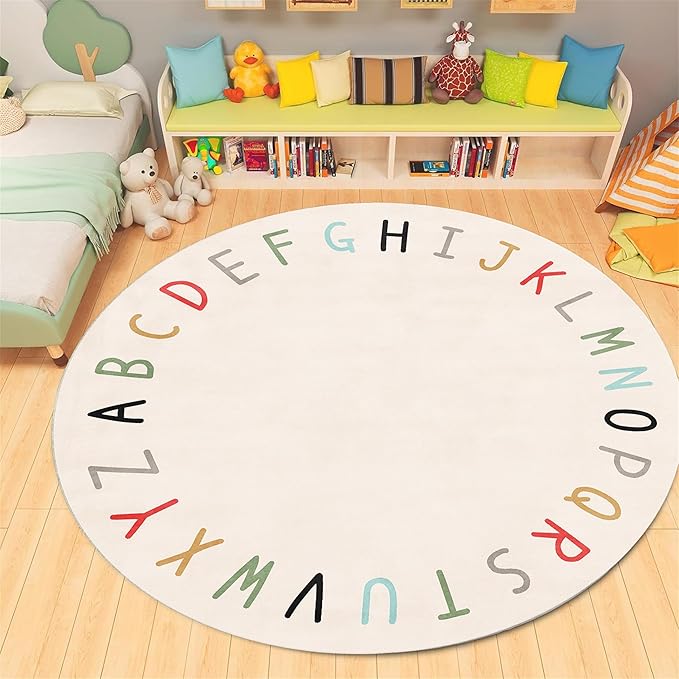 Children's Round Play Rug,7ft,ABC Letter Educational Rug, Soft and Fluffy Imitation Cashmere Rug, Non-Slip Washable Floor Mat for Children's Room, Suitable for Nursery, Classroom, Playroom