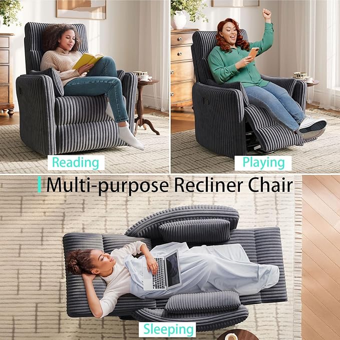 LINSY 360 Swivel Nursery Recliner - Corduroy Glider Rocking Chair with 2 Pillows, Comfy High Back Adult Recliner for Small Spaces, Nursery Bedroom Living Room Reclining Chairs, Gray