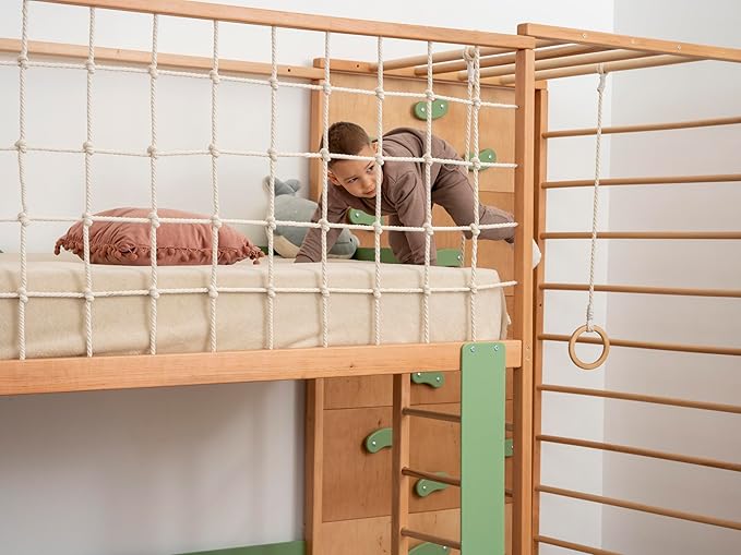BUSY WOOD Montessori Twin Bunk Bed for Toddlers - Jungle Gym Bed for Sleeping and Climbing