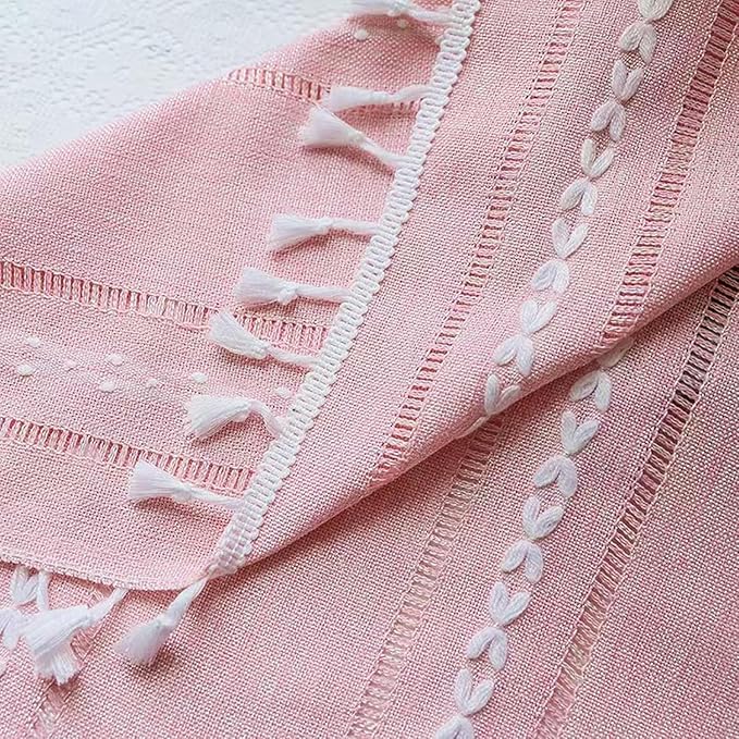 Deeprove Pink Boho Linen Curtains 63 inches Length for Baby Teenage Girl Bedroom Living Room Dining Nursery, Hollow Semi Sheer Curtains Darkening Embroidery Drape Window Treatment, 1 Panel W52 x L63